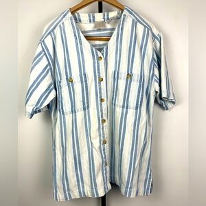 Vintage Erika Blues‎ White Blue Striped Chambray Short Sleeve Button Up Shirt